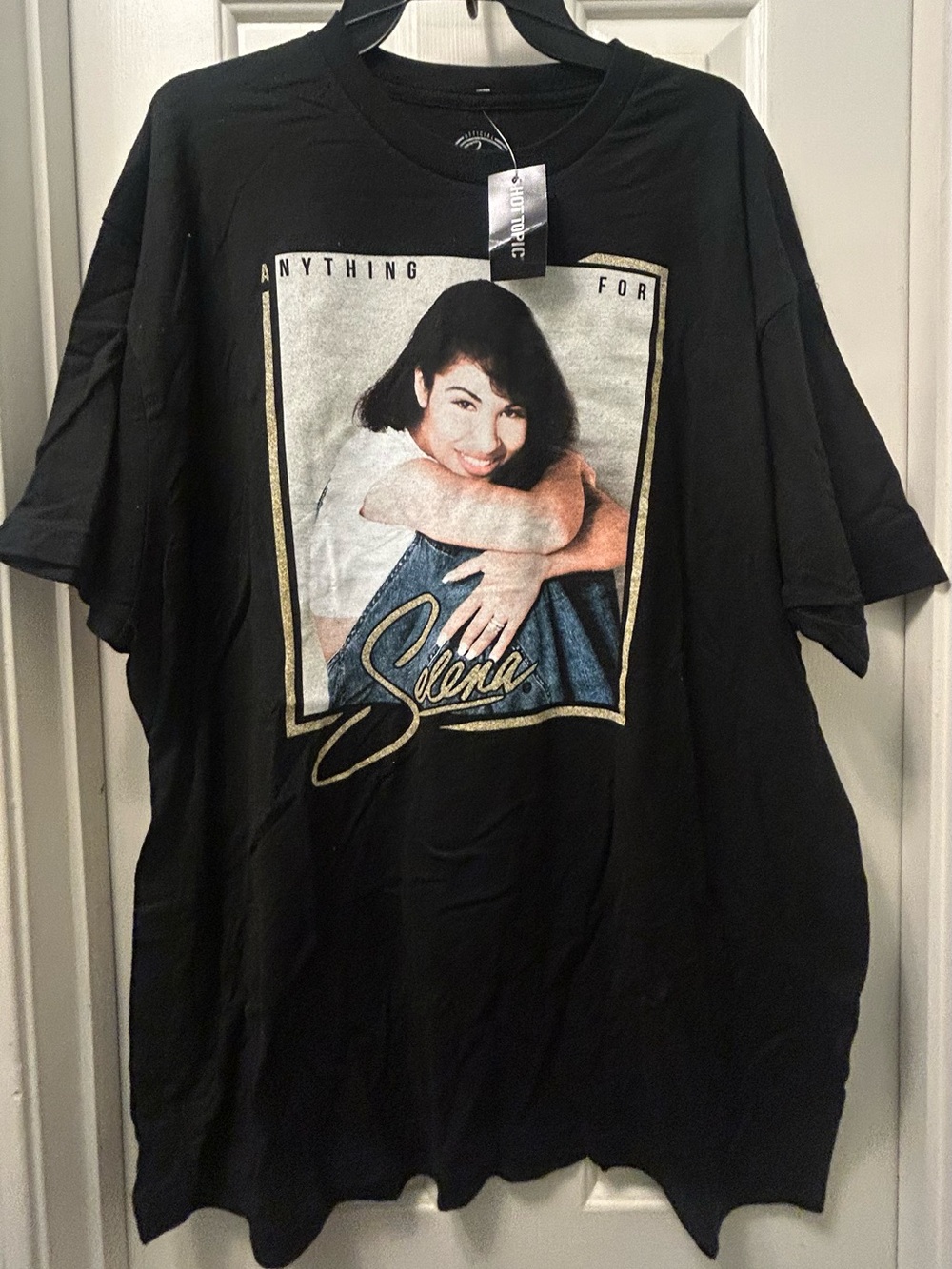 Retro Selena Graphic Black Tee with Gold Accents